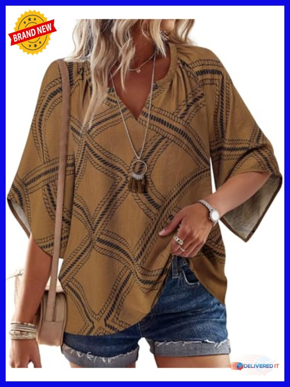Boho Floral 3/4 Sleeve V-Neck Peasant Tunic Blouse